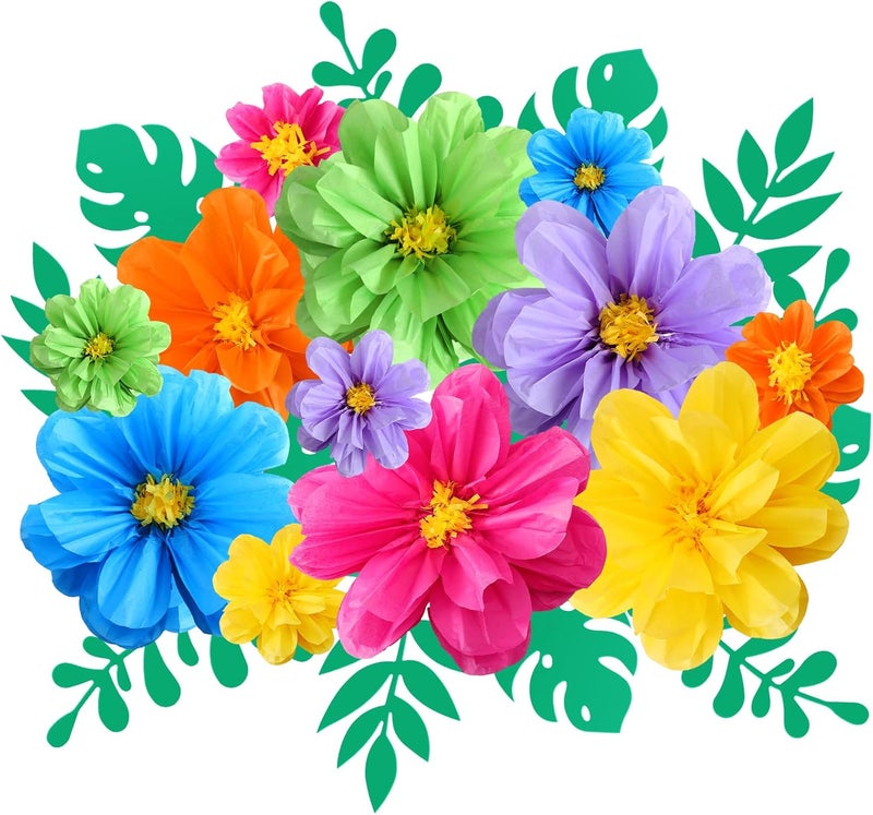 Geyee 12 Pcs 10" 20" Giant Mexican Fiesta Paper Flowers and 16 Pcs Leaves, Large Colorful Tissue Crepe Flowers Pom Poms Craft for Floral Backdrop Day of The Dead Birthday Party Decor(Cute Color) - Image 1